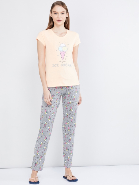 

max Women Peach-Coloured & Grey Printed Night suit