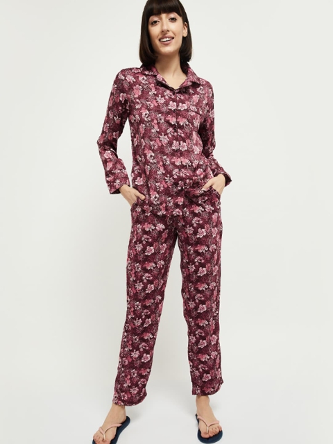 

max Women Maroon & Pink Printed Cotton Night Suit