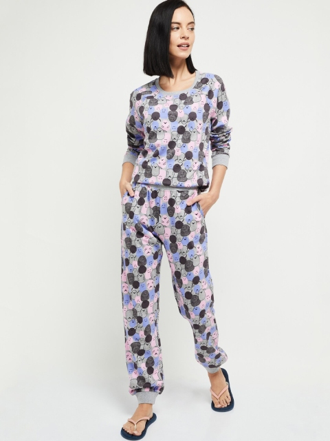 

max Women Grey Melange & Pink Printed Night suit