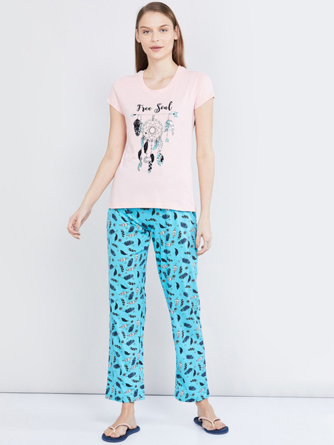 

max Women Pink & Turquoise Blue Printed Cotton Night Suit