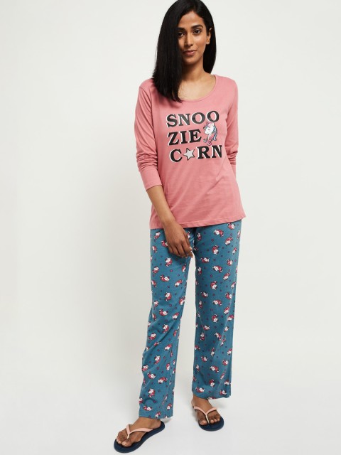 

max Women Pink & Blue Printed Night suit