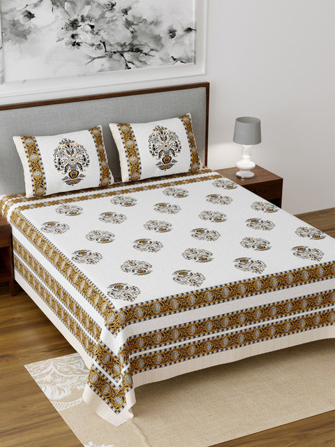 

Salona Bichona White & Mustard Yellow 120 TC Cotton Queen Bedsheet with 2 Pillow Covers