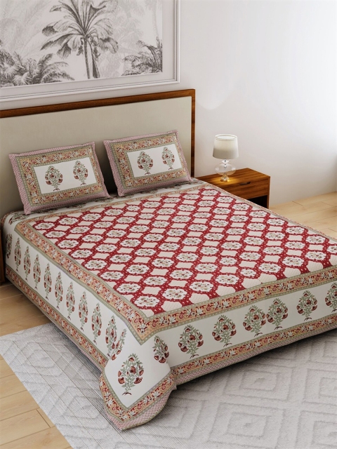 

Salona Bichona Red & Off White Floral 120 TC Queen Bedsheet with 2 Pillow Covers