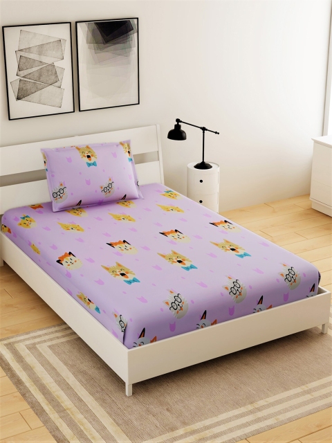 

Salona Bichona Purple & Grey Cartoon Characters 144 TC King Bedsheet with 1 Pillow Covers