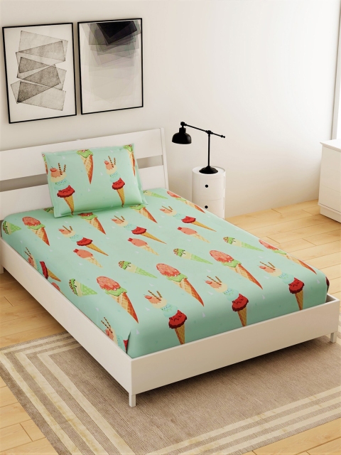 

Salona Bichona Green & Red Graphic 144 TC Single Bedsheet with 1 Pillow Covers