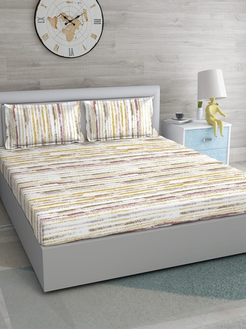 

Duroflex White & Purple Artsy Pure Cotton Antibacterial Striped 144 TC King Bedsheet with 1 Pillow Covers