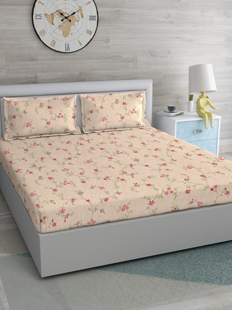 

Duroflex Cream-Coloured & Pink Floral 144 TC King Bedsheet with 2 Pillow Covers