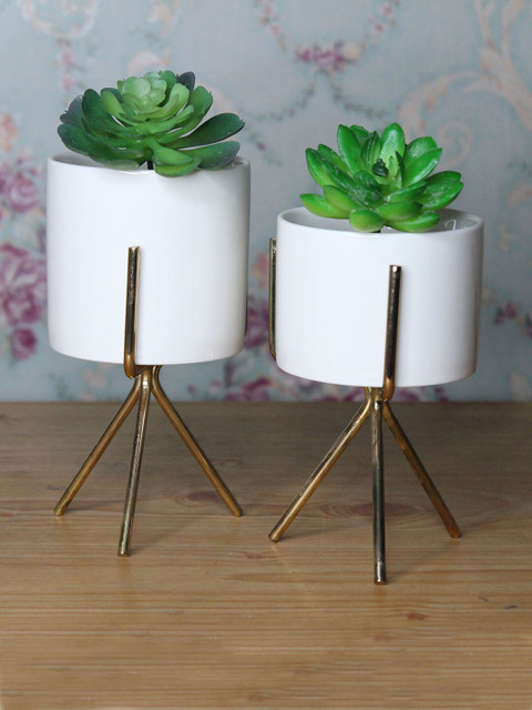 

Wonderland Set Of 2 White & Gold-Toned Ceramic Planters with Stand