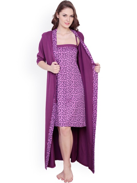 

Claura Purple Printed Nightdress with Robe cot-23