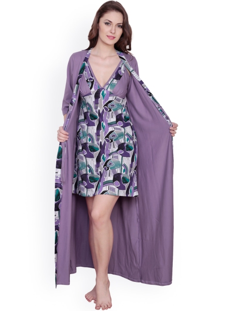 

Claura Lavender Printed Nightdress with Robe cot-24