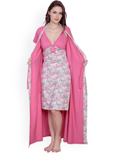 

Claura Pink & Grey Printed Nightdress with Robe cot-25