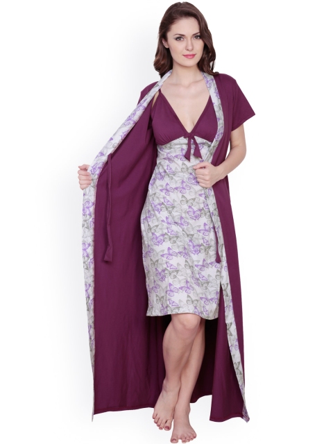 

Claura Purple & Grey Printed Nightdress with Robe cot-24