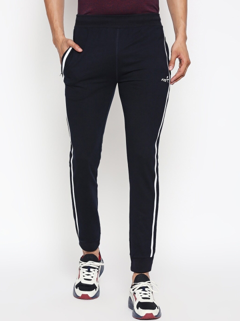 

FiTZ Men Navy Blue & White Striped Details Slim-Fit Joggers