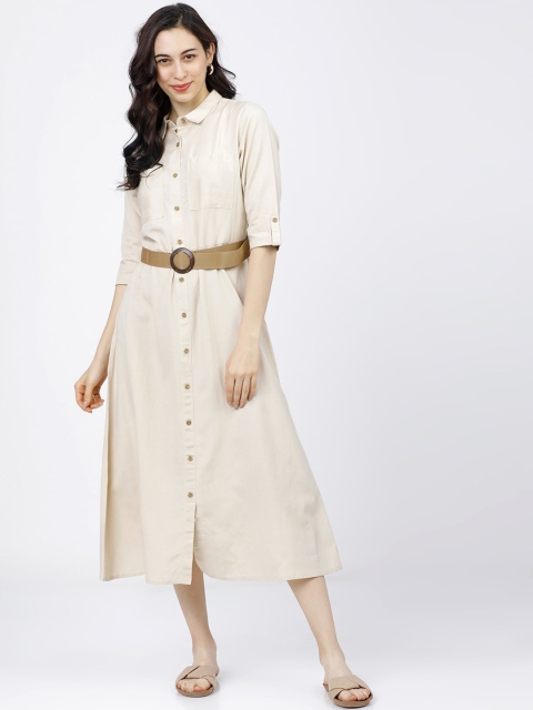 

Tokyo Talkies Women Beige Shirt Style Midi Dress