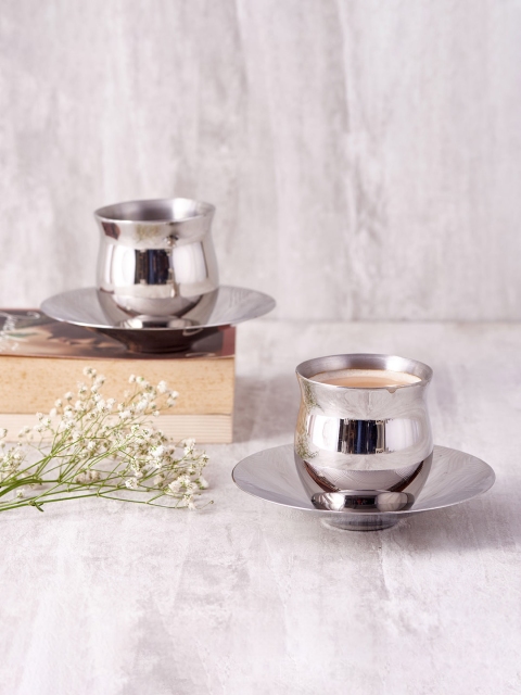 

ARTTDINOX Set Of 2 Steel Solid Stainless Steel Glossy Seemless Belly Cups and Saucers