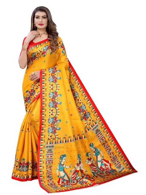 

KALINI Mustard Yellow & Red Ethnic Motifs Print Saree
