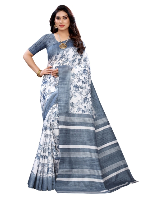 

KALINI Women Navy Blue & White Floral Print Saree