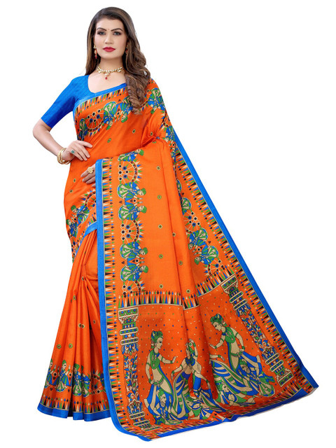 

KALINI Orange & Blue Ethnic Motifs Print Saree