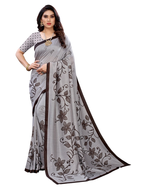 

KALINI Women Grey & Brown Leaf Print Saree