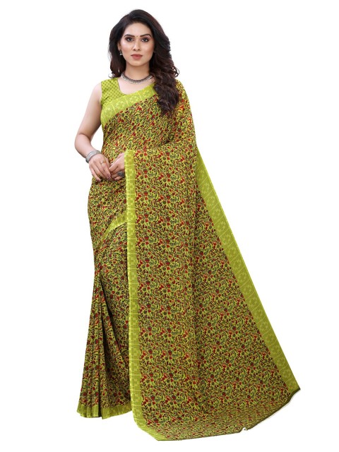 

KALINI Women Lime Green & Red Paisley Print Pure Georgette Saree