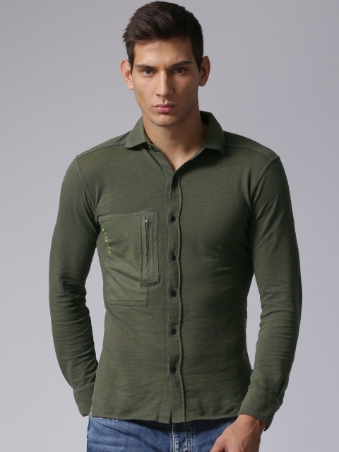 

YWC Men Green Solid Knitted Casual Shirt