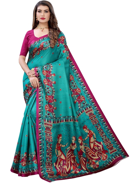 

KALINI Teal Green & Magenta Ethnic Motifs Print Saree