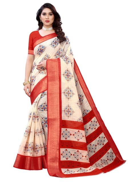 

KALINI Women Off-White & Red Geometric Printed Saree