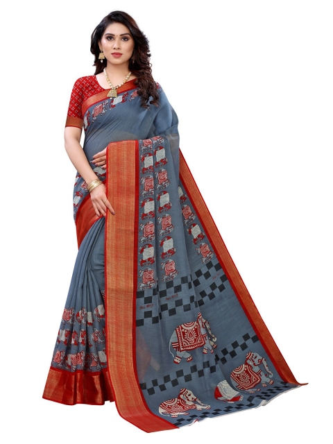 

KALINI Women Grey & Maroon Ethnic Motif Elephant Print Saree