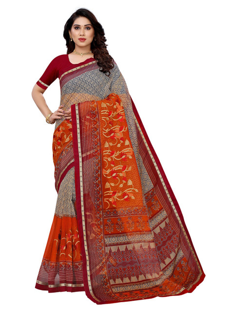 

KALINI Grey & Orange Ethnic Motifs Print Saree