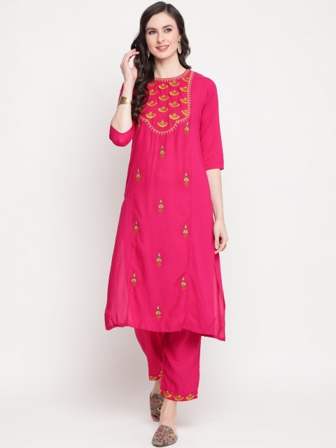 

GULMOHAR JAIPUR Women Fuchsia & Gold Ethnic Motifs Embroidered Kurta with Trousers