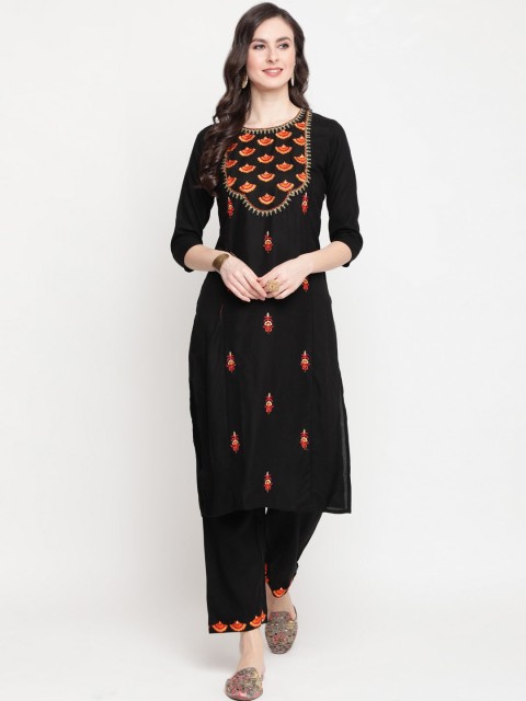 

GULMOHAR JAIPUR Women Black Floral Embroidered Regular Kurta with Trousers