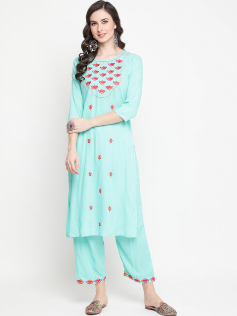 

GULMOHAR JAIPUR Women Sea Green Embroidered Kurti with Palazzo