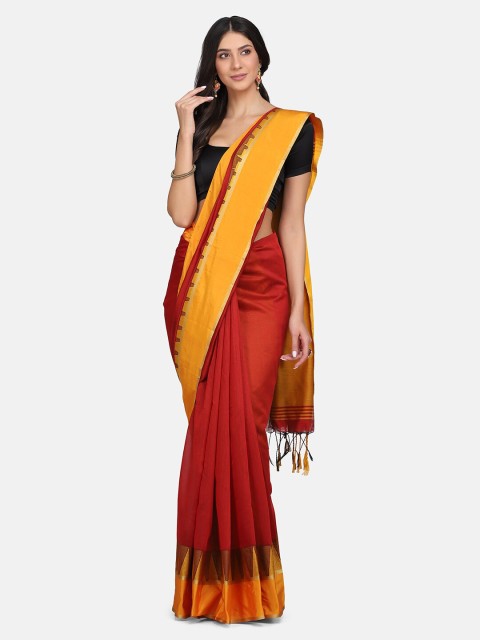 

Mirraw Red & Mustard Yellow Solid Saree
