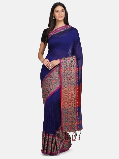 

Mirraw Blue & Pink Solid Pure Linen Saree