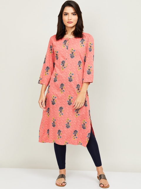 

Melange by Lifestyle Women Coral & Blue Floral Printed Straight Kurta