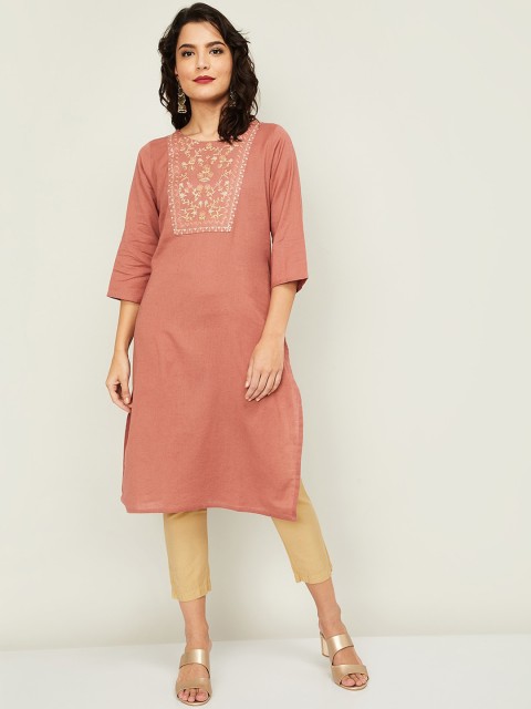 

Melange by Lifestyle Women Rust & Off White Yoke Design Thread Work Kurta