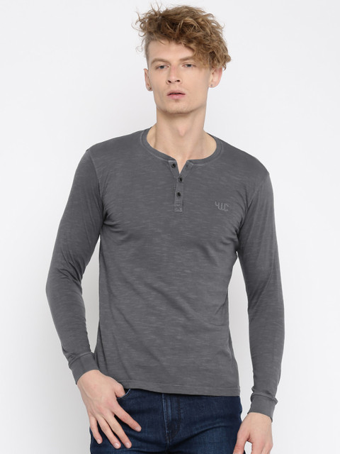 

YWC Men Grey Solid Henley Neck T-shirt