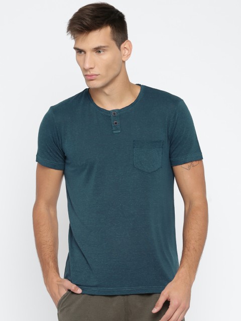 

YWC Men Navy Linen Solid Henley T-shirt, Navy blue