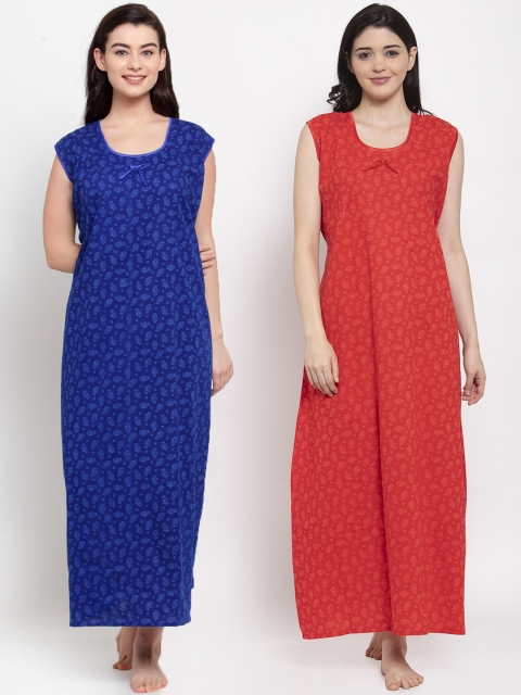 

Secret Wish Pack of 2 Blue & Red Printed Cotton Maxi Nightdress