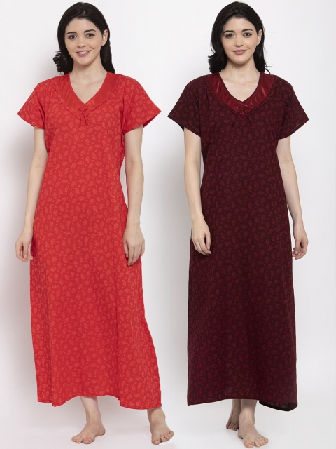 

Secret Wish Pack of 2 Red & Maroon Printed Maxi Nightdress