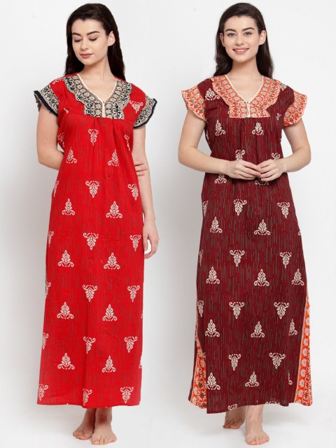 

Secret Wish Red & Maroon Pack of 2 Printed Maxi Nightdress
