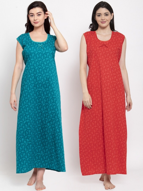 

Secret Wish Pack of 2 Blue & Red Printed Maxi Nightdresses