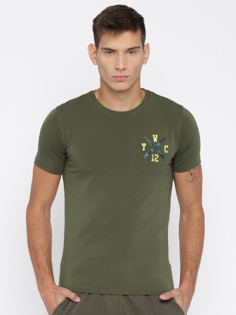 

YWC Men Olive Green Round Neck T-shirt with Printed Back