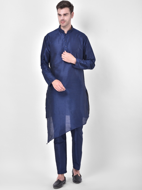 

SG RAJASAHAB Men Navy Blue Solid Raw Silk Kurta with Trousers