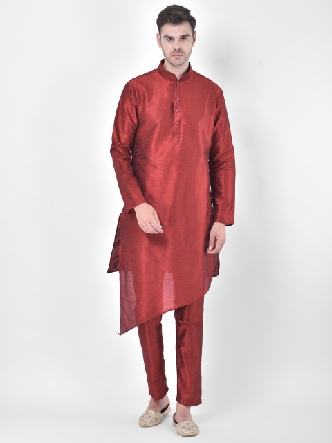 

SG RAJASAHAB Men Maroon Solid Layered Raw Silk Kurta with Payjama