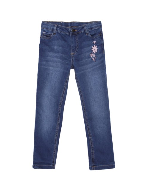 

UNDER FOURTEEN ONLY Girls Navy Blue Skinny Fit Heavy Fade Embroidered Stretchable Jeans
