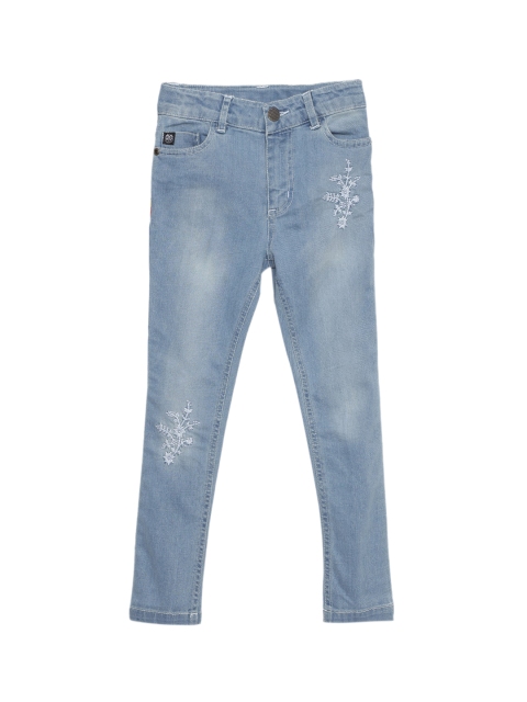

UNDER FOURTEEN ONLY Girls Blue Skinny Fit Embroidered Light Fade Jeans