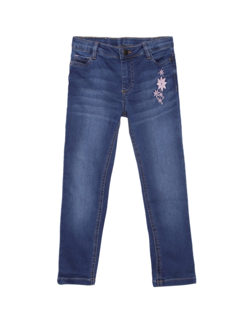 

UNDER FOURTEEN ONLY Girls Navy Blue Skinny Fit Embroidered Light Fade Jeans