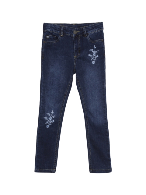 

UNDER FOURTEEN ONLY Girls Navy Blue Skinny Fit Light Fade Embroidered Jeans