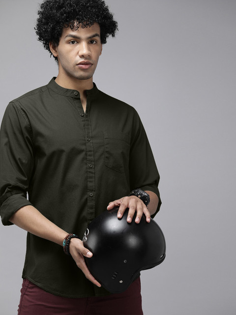 

Roadster Men Olive Green Mandarin Collar Casual Shirt